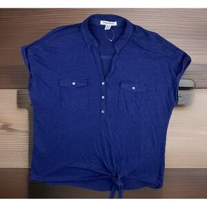 Tommy Bahama Top Linen Knit Pullover Tie Front Blue Short Sleeve Women Sz XL